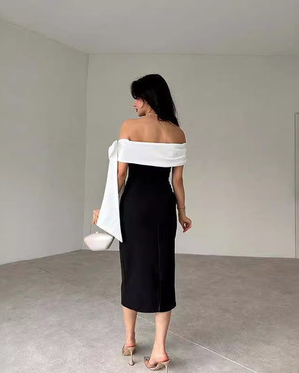 Women's Off-shoulder Bow Black And White Color Matching Elegant Cocktail Dress