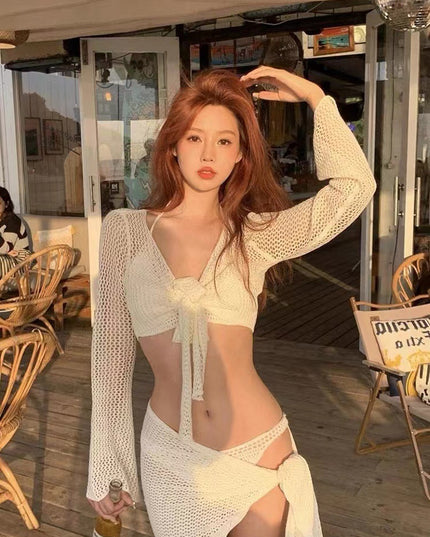 Long-sleeved Knitted Swimsuit Sexy Pure Desire Style Small Chest Push Up Holiday