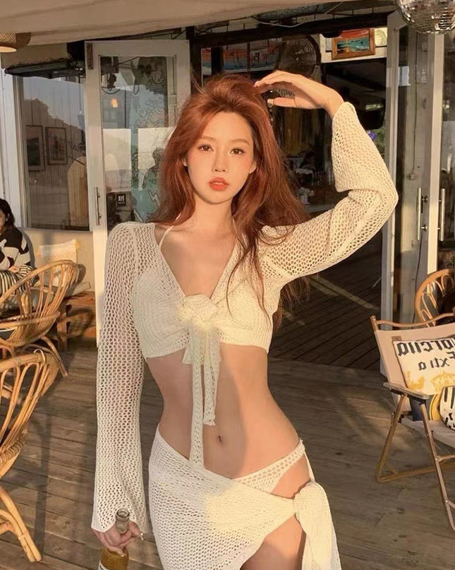 Long-sleeved Knitted Swimsuit Sexy Pure Desire Style Small Chest Push Up Holiday