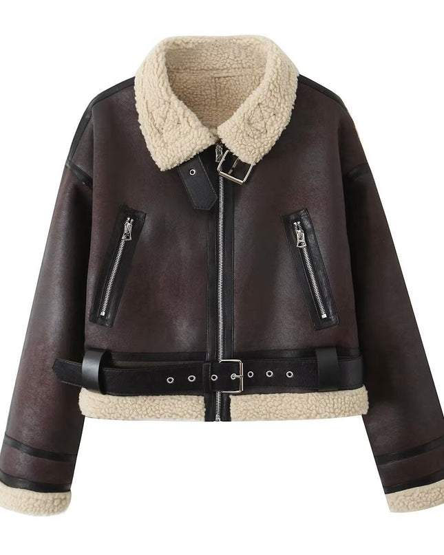 Wear Fur Integrated Lapel Thickening Warm Double-sided Casual Short Jacket Coat