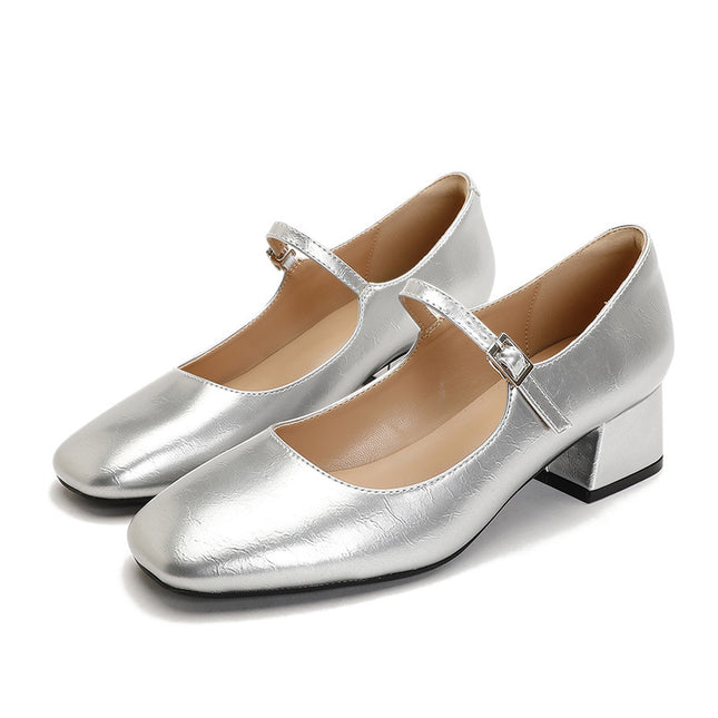 Square Toe Patent Leather Buckle With Pearl Mary Jane Shoes Women