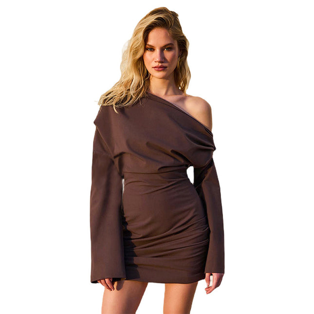 Solid Color Long Sleeve Off-the-shoulder Upper Body Loose Short Dress