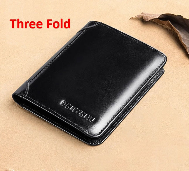 Men's Short Matte Leather Tri-fold Vertical Wallet