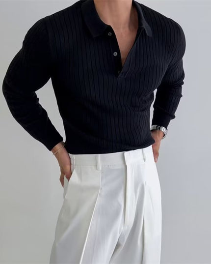 Lapel Button Long Sleeve Polo Shirt Slim Fashion Solid Striped Knitted Bottoming Shirt Top Men's Clothing