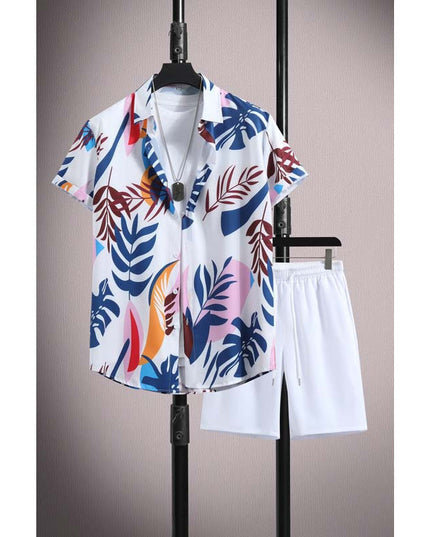 Men's Casual Ice Silk Micro-elastic Printed Short-sleeved Shirt Shorts Suit