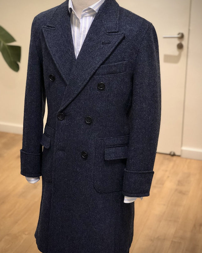 Polo Double Breasted Slim Vintage Tweed Men's Long English Wool Lapel Herringbone Coat