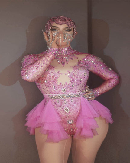 Dance Sexy Shiny Rhinestone Mesh Jumpsuit Stage Performance Costume Women