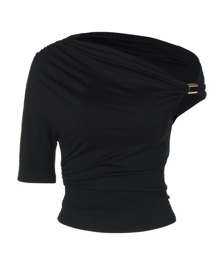Asymmetric Pleated Crop-top Tight-fitting T-shirt
