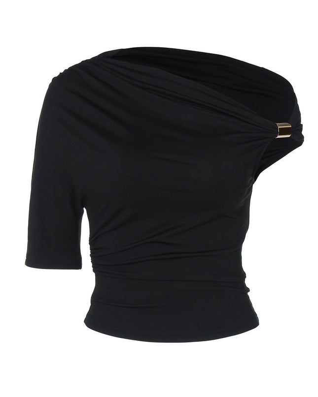 Asymmetric Pleated Crop-top Tight-fitting T-shirt