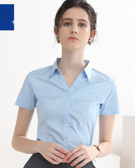 Women's White Short-sleeved Shirt V-neck Working Clothes