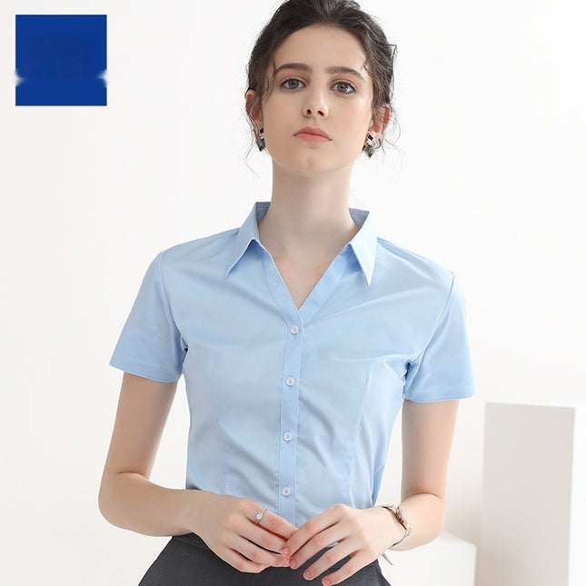 Women's White Short-sleeved Shirt V-neck Working Clothes