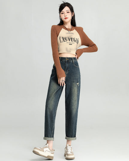 Water Washed Hole Harem Jeans Women