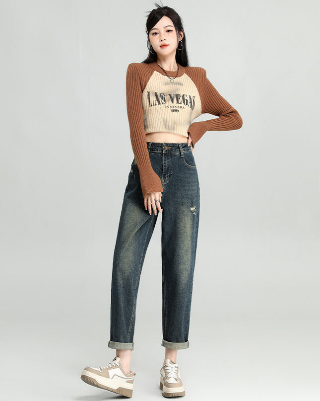 Water Washed Hole Harem Jeans Women