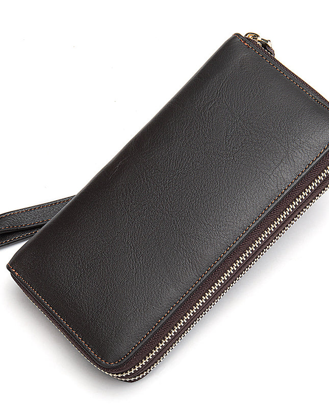 Men's Double Zipper Wallet Long First Layer Cowhide Large-capacity Handbag