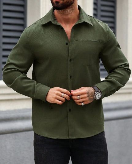 Men's Solid Color Pocket Shirt Long Sleeve Single-breasted Lining