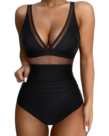 Pure Color Mesh Halter Bikini One-piece Swimsuit