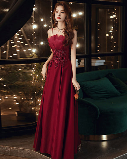 Engagement Strap Evening Dress Simple Atmosphere Wine Red