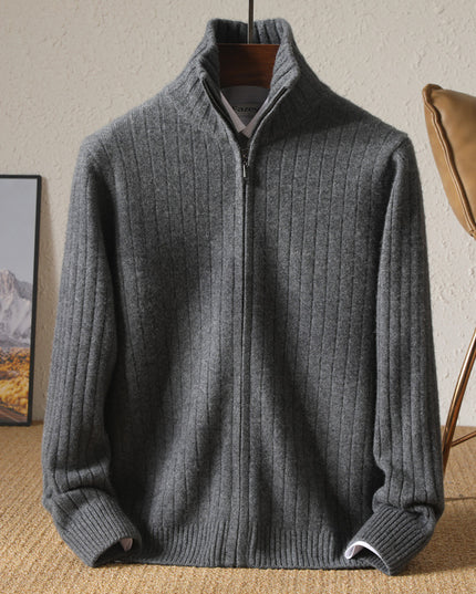 Pure Wool Sweater Men's Lapel Full Zipper