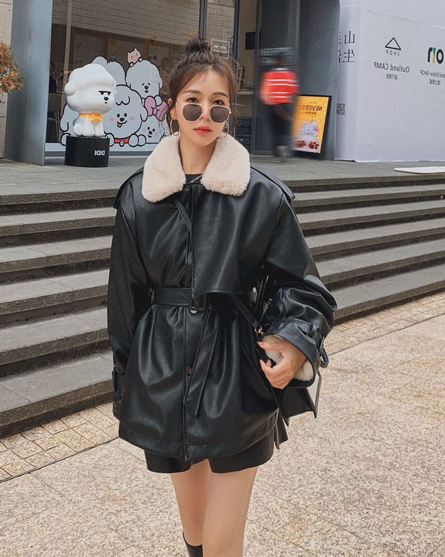 Loose Plus Velvet Thickening Small Locomotive PU Cotton Jacket Women