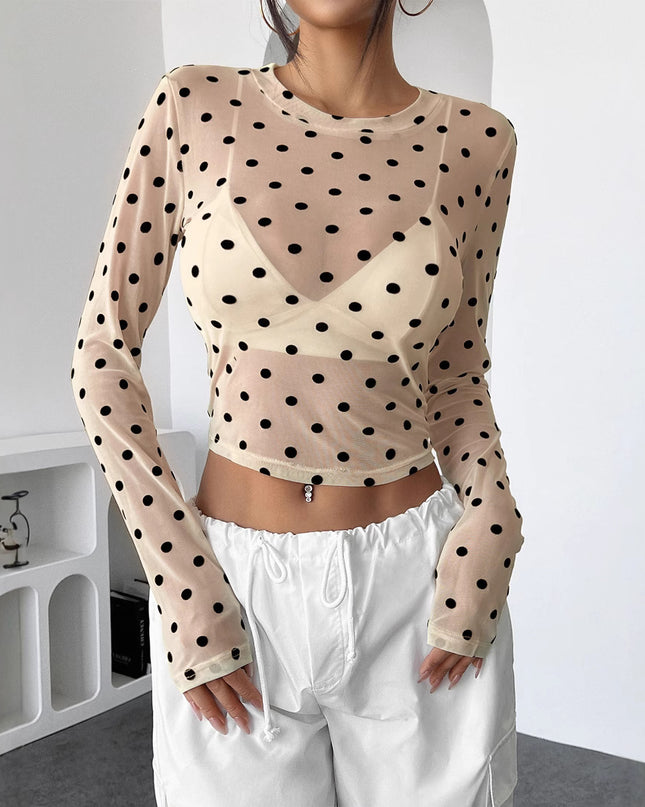 Design Sense See-through Dot Slim Mesh Round Neck Long Sleeve T-shirt
