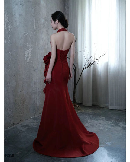 Socialite Style Wine Red Elegant Halter Bride Wedding Toast Dress