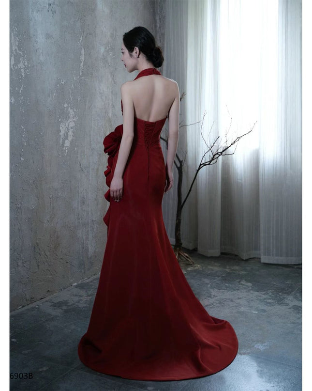 Socialite Style Wine Red Elegant Halter Bride Wedding Toast Dress