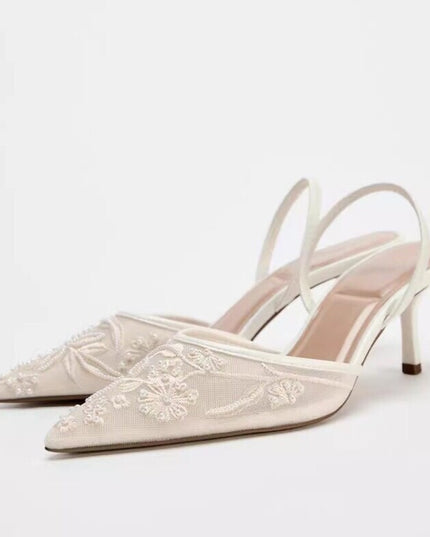 Spring New Product  Women's Rear Strap Embroidered Mesh High Heels