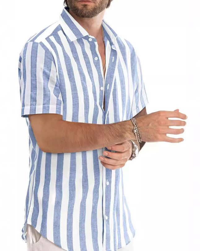 Casual Fashion Short Sleeve Striped Dress Shirt Cotton Beach Shirt