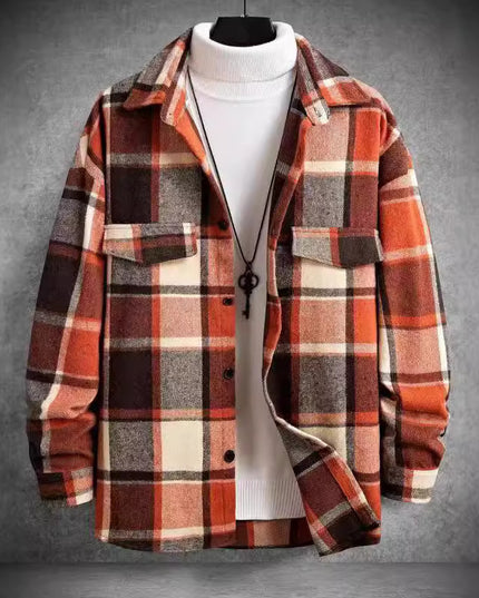 FallWinter Slim Brushed Plaid Long Sleeve Flannel Shirt Men