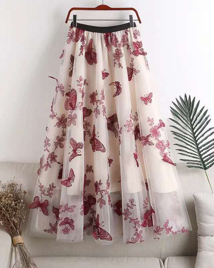 Embroidered Bow Lace Mesh Skirt Women's Mid-length