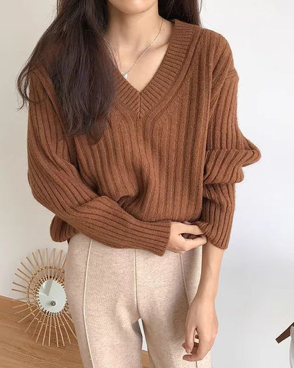 Retro V-neck Pullover Women's Loose Sweater