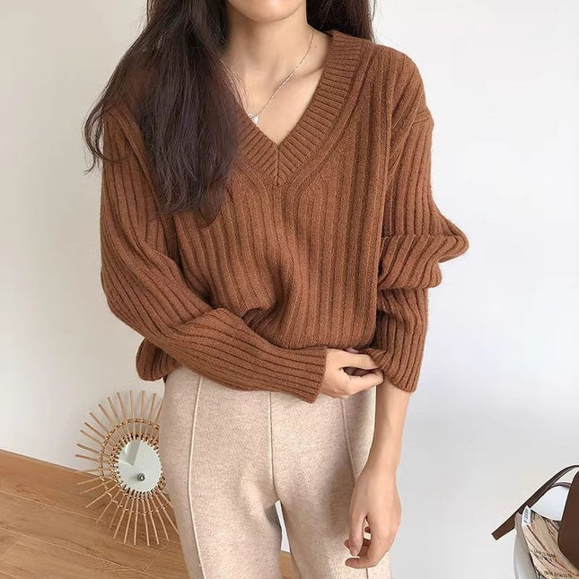 Retro V-neck Pullover Women's Loose Sweater