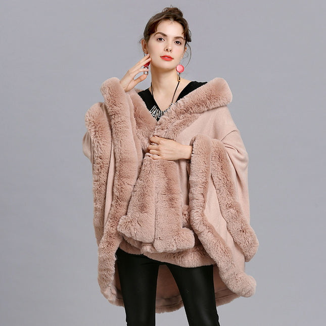 Faux Fox Fur Collar Fur Hooded Knit Cardigan Cape Cape Jacket