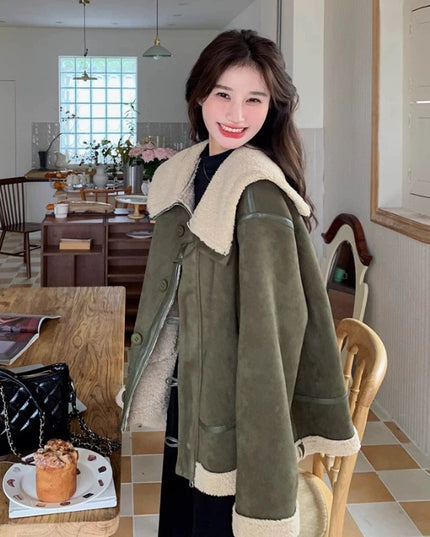 Women's Korean-style Retro Green Suede Lambswool Coat