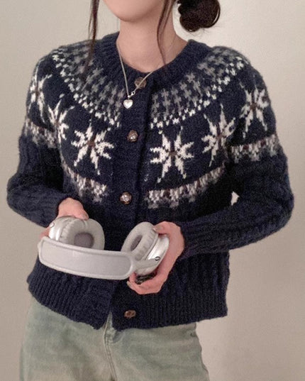 Single-breasted Contrast Color Snowflake Jacquard Long-sleeved Knitted Cardigan Sweater Coat