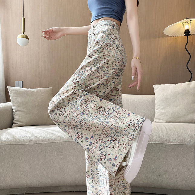 Small Fish Graffiti Pattern Straight Wide Leg High Waist Casual Trousers