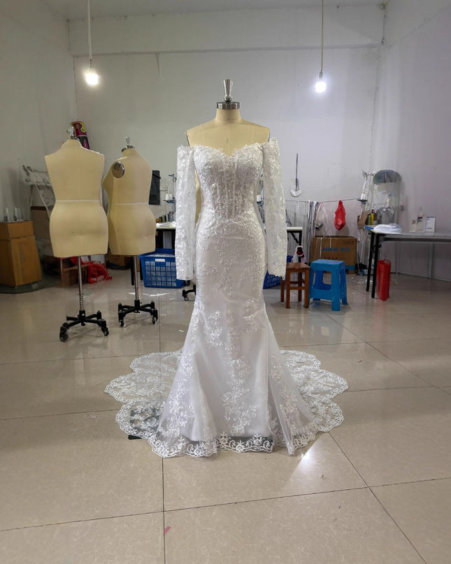 Off-shoulder Lace Long Sleeve Fishtail Gown