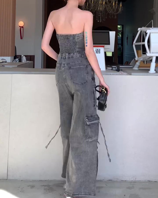 Denim Tube Top Single-breasted Jumpsuit
