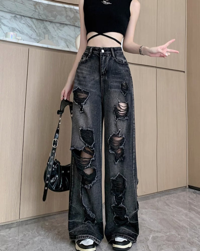 Retro Tattered Jeans High Waist Straight-leg Shorts
