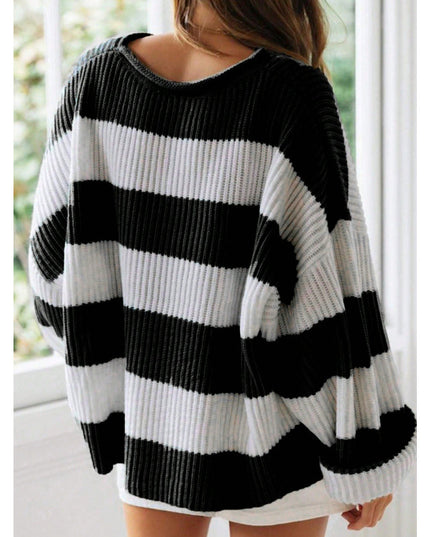 Loose Striped Sweater Fashion Casual Long Batwing Sleeve Round Neck Pullover Knit Tops Women Clothing