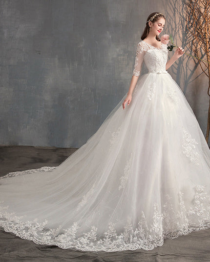 Wedding Dress Trailing Deep V Neck Lace High Waist Wedding Dress Long Sleeves