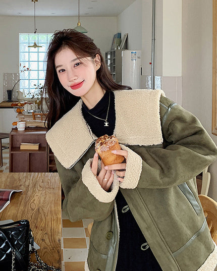 Women's Korean-style Retro Green Suede Lambswool Coat