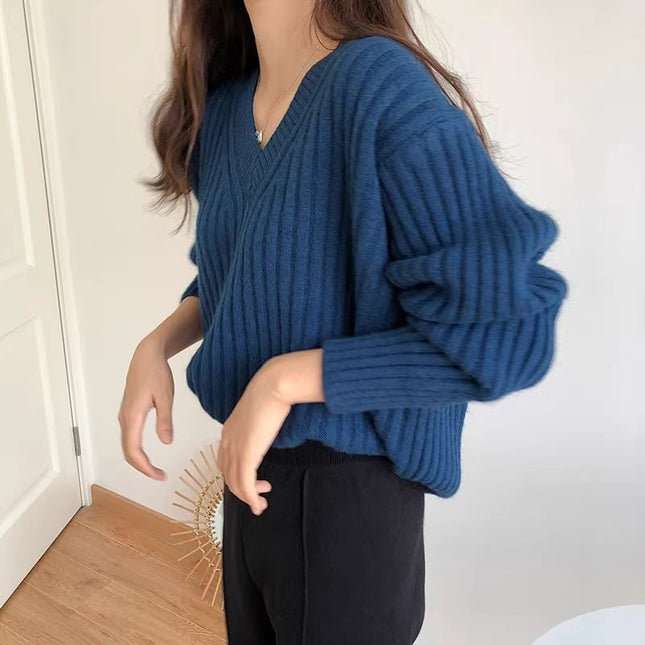 Retro V-neck Pullover Women's Loose Sweater