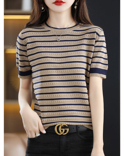 Loose Color Matching Striped Hollow Knitted Shirt