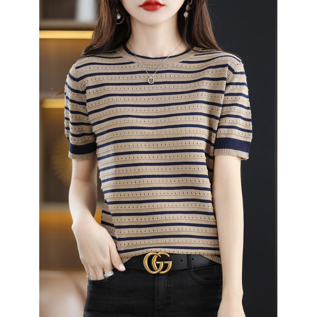 Loose Color Matching Striped Hollow Knitted Shirt