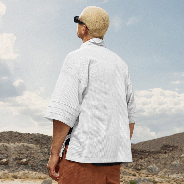 Quick-drying Solid Color Drop Shoulder Mesh V-neck Short Sleeve