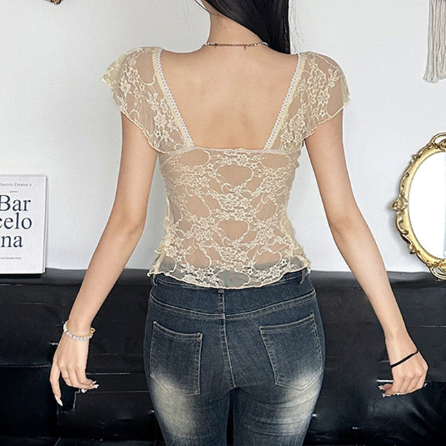 Pure Desire Style Lace Ruffled A Swing Top V-neck Sexy Slimming