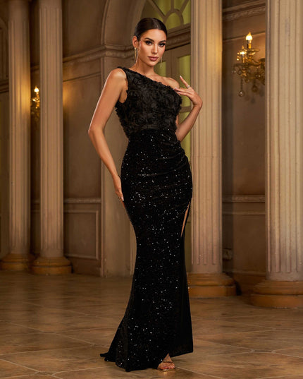 One-shoulder Slant Collar Sequined Slim-fit Sheath Banquet Split Evening Dress