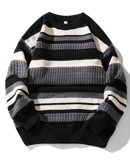 Japanese Round Neck Sweater Men's Striped Color Contrast Patchwork
