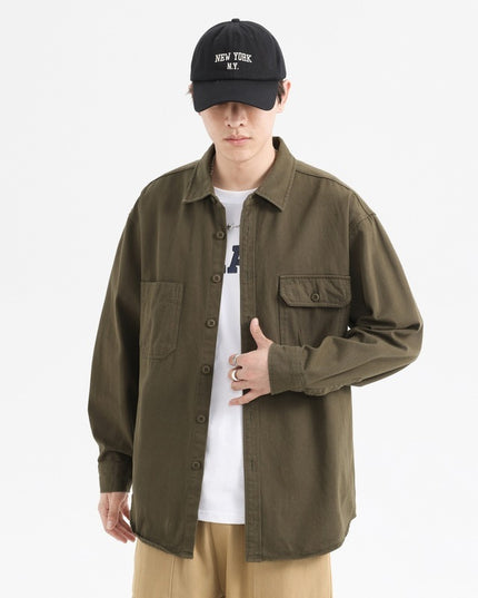 Oxford Cotton Hong Kong Style Double Pocket Trendy Loose Casual Men's Shirt